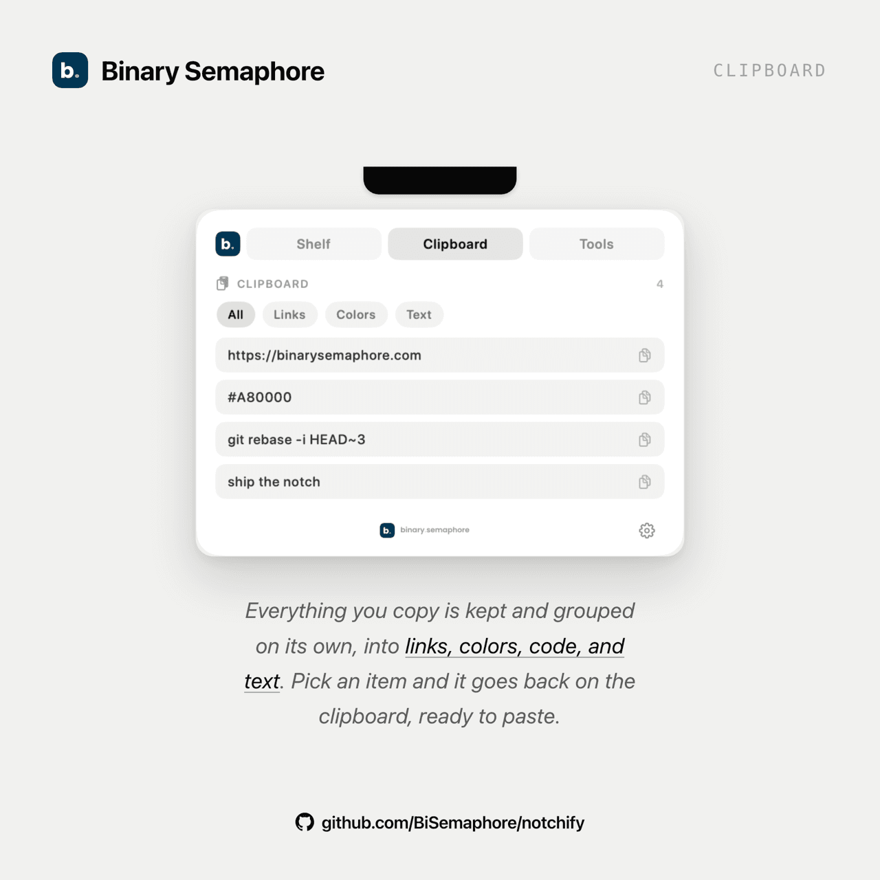 The Clipboard tab showing recent copies grouped into links, colors, code, and text.