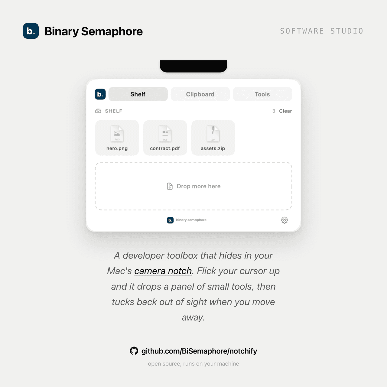 The notchify panel open on the Shelf tab, with parked files ready to drag back out.